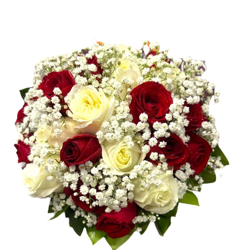 Buquê de Noiva Amor Eterno de Rosas Brancas e Vermelhas - Pequeno