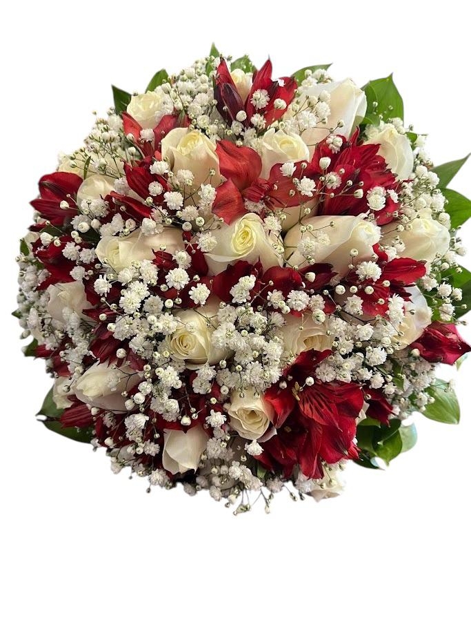 Buquê de Noiva Branco com detalhes vermelhos