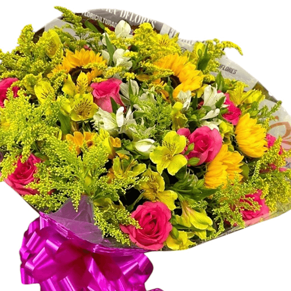 Buquê com 12 rosas nacionais pink e 6 girassóis