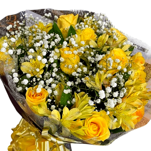 Buquê de 12 Rosas Amarelas com gypso